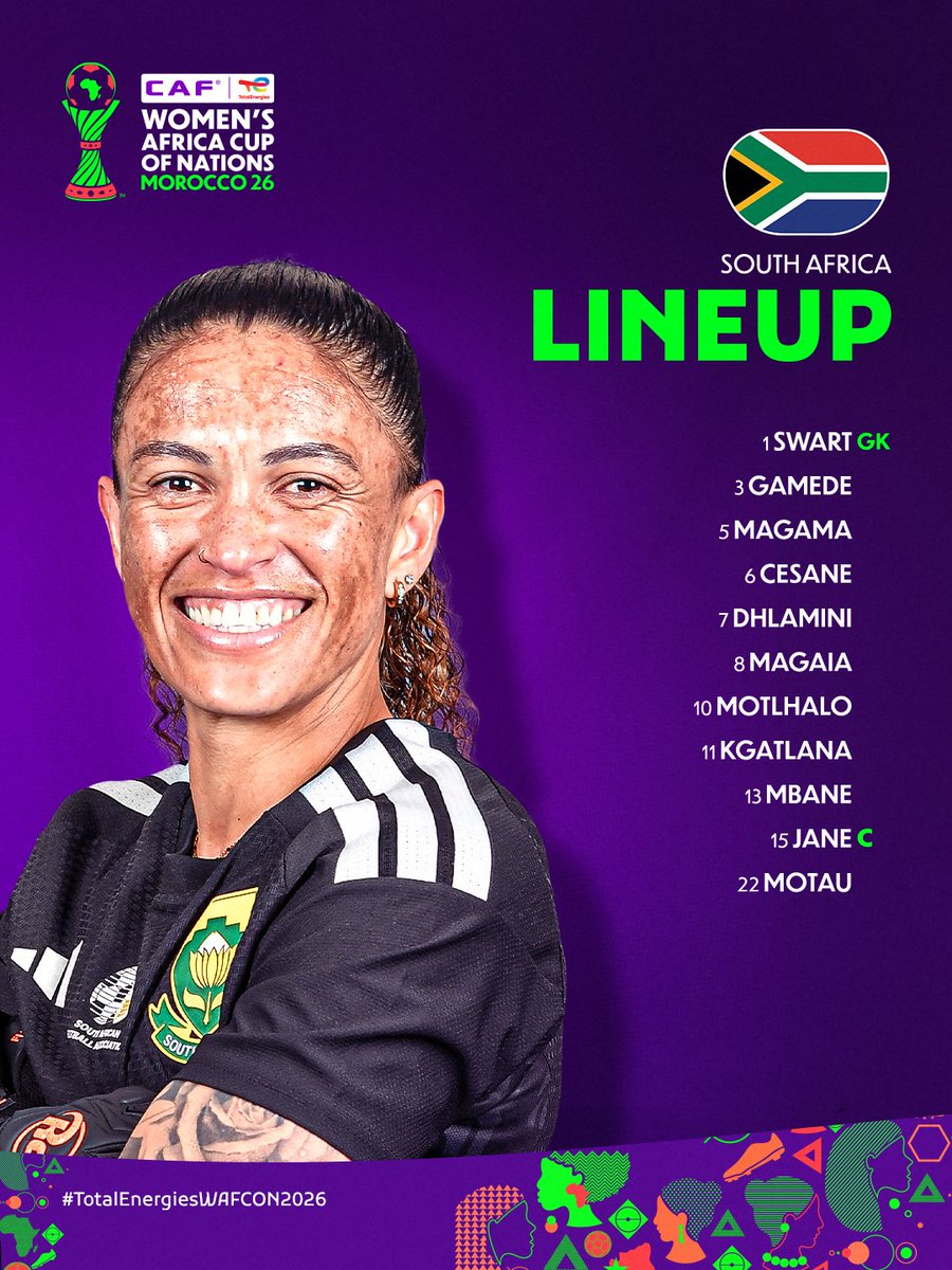 CAFwomen's tweet photo. Starting XIs! 📋 

Here's how Morocco and South Africa will take the field. 🇲🇦🇿🇦

#TotalEnergiesWAFCON2026 https://t.co/KNDF10XAe7