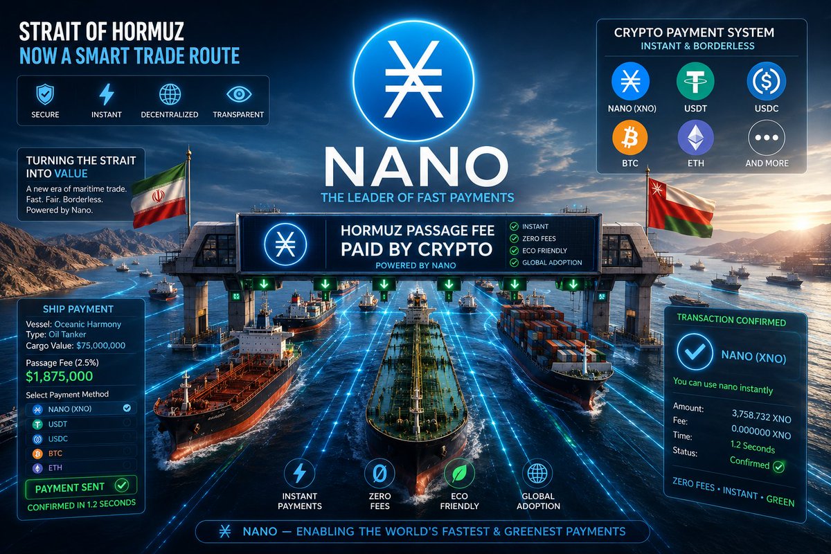 Xno_Coin666's tweet photo. The Strait of Hormuz is one of the world’s most important trade routes. 🌊🚢

If crypto payments become part of the passage system, Nano (XNO) could be a powerful solution for fast, borderless and feeless transactions. ⚡🌍

Instant. Zero fees. Borderless.

Could Nano become a global standard for instant payments? 💙

Buy :  $XNO 

#Nano #XNO #Crypto #Hormuz #Payments #Web3