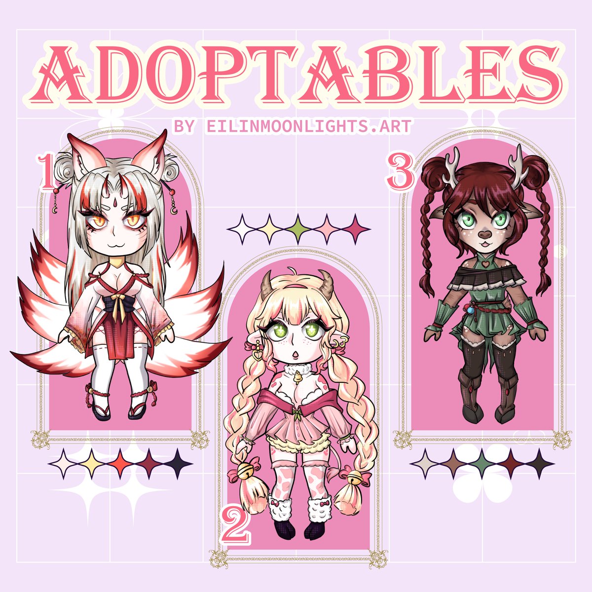 EilinMoon's tweet photo. ✨ Fantasy Adoptable Set ✨
Kemonomimi & furry characters from the same fantasy world, waiting to find their new homes!
Available now in my VGen Shop! 🫶
#vgen #adops #adoptables #furry #chibi #furrygirl #animegirl #softandpink #kitsune #cow #deer #fyp https://t.co/5RhtPl8am8