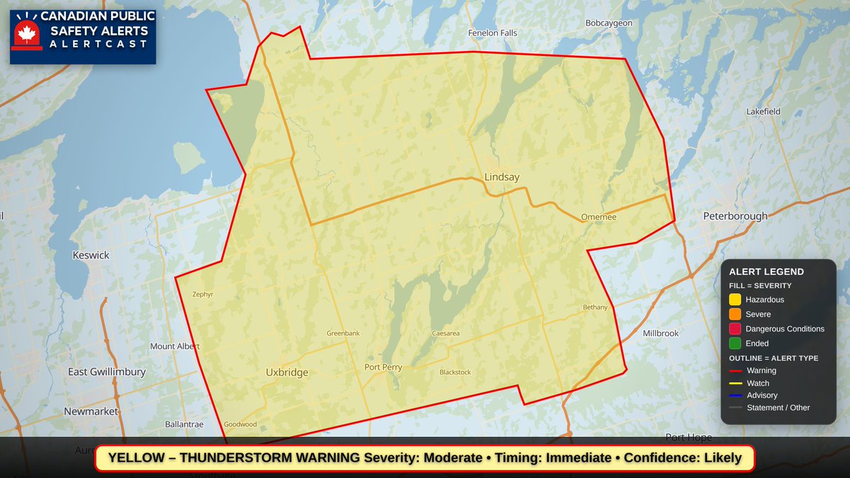 CANPublicAlerts's tweet photo. ⚡ Yellow Severe Thunderstorm
Damaging winds 90-110 km/h, hail 2.5-4.5 cm &amp; heavy rain moving east at 30 km/h.
Beaverton, Cannington, Lindsay, Sturgeon Point.
Roofs, fences, trees &amp; soft shelters likely damaged; flash flooding &amp; low visibility. | CPSA AlertCast https://t.co/rfexqGnIFM