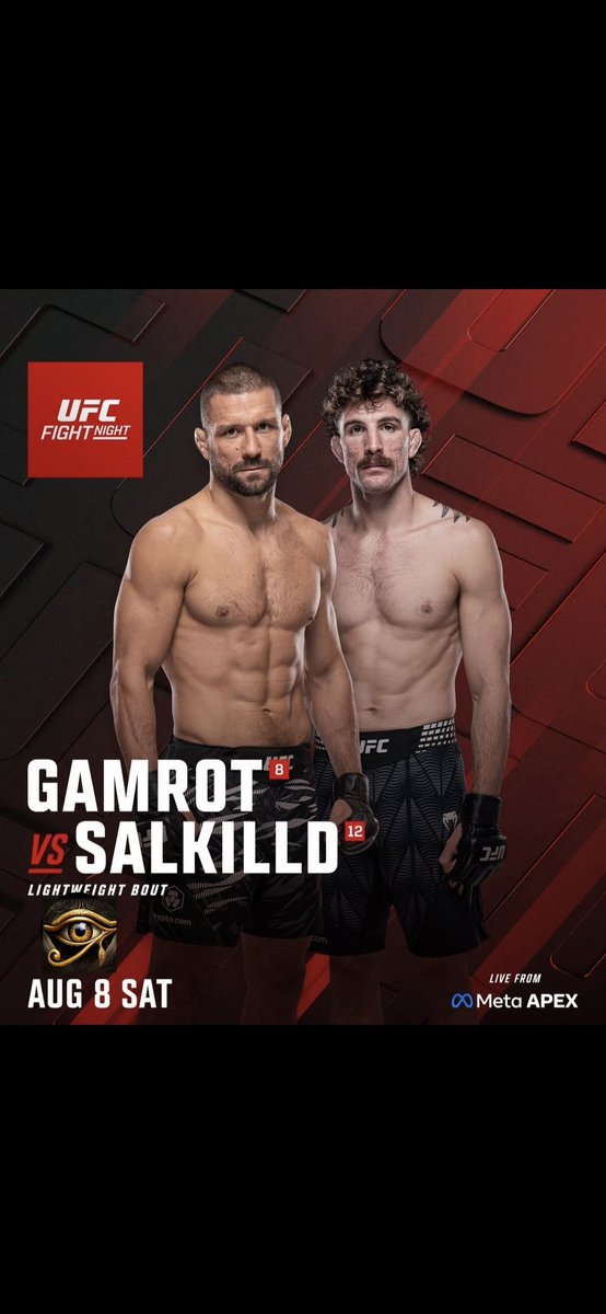 marmiami0101's tweet photo. En este hilo estoy subiendo dos peleas de #UFC en #LasVegas 
#gamrot 
#salkilld
#asplund
#pat 

Main Event:
Lightweight
Gamrot 🇲🇨 vs Sallkild 🇦🇺

Heavyweight
Asplund 🇺🇸 vs Pat 🇧🇷

Saturday, August 8th, 2026
3:06 PM ☀🌴🇺🇸☀♌🌙♊
𓂀✨🧙‍♂ https://t.co/EsgHv9HCdF