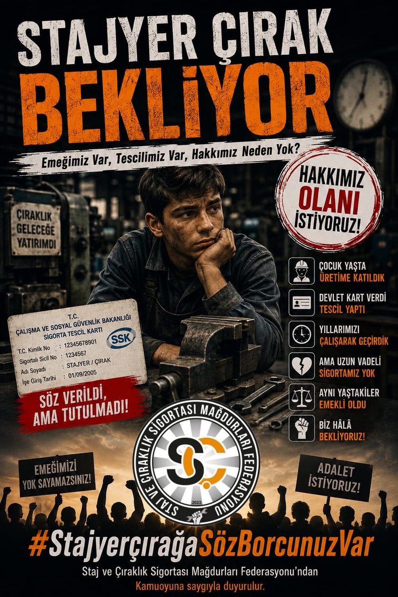 stajcirak3434's tweet photo. BU MESELE;
ADALET MESELESİDİR!
VİCDAN MESELESİDİR!
HAK MESELESİDİR!
VATAN EVLATLARINA SAHİP ÇIKMA MESELESİDİR!
@Akparti
@MHP_Bilgi
@RTErdogan 
@dbdevletbahceli 
@eczozgurozel
@Yusuf__Tekin 
@tcmeb 
@isikhanvedat 
@csgbakanligi 
@memetsimsek 
@HMBakanligi 
@abakingurlek 
@iletisim 
@yenipartiyiz
@herkesicinCHP
@iyiparti
@YeniYolTBMM
@SaadetPartisi
@GelecekPartiTR
@devapartisi
@_DemokratParti
@rprefahpartisi
@anahtarparti
@zaferpartisi
@bbpgenelmerkez
 @DSPGenelMerkez 
@BTP_Parti
@tipgenelmerkez
@dypmerkez 
@emekpartisi 
@NumanKurtulmus
@mehmetucum
@oktay_saral
@ejderacikkapi
@MahinurOzdemir
@profdrorhanates 
@MvDrHasanArslan 
@aerdemcantimur
@Korkutata_Zeki 
@isikhanvedat 
@vedatbilgn
@akbasogluemin
@abdullahozdemir
@ozgurcelik1919
@BBvolkanyilmaz
@Yucel_Coskun
@tugrulyalcinkay
@HakanAksit34
@OsmanGentrk15
@anahtarpartiist
Staj ve çıraklık sigortası meselesi, birkaç kişinin emeklilik hesabından ibaret değildir.

Bu mesele; çocuk yaşta iş hayatına başlayan, alın teri döken, yıllarca çalışan ve kendisine verilen sigorta kartına, sigorta numarasına güvenen bir neslin hakkının teslim edilmesi meselesidir.

Haftanın günlerini iş yerinde geçiren, üretimin içinde yer alan, işverenin işini yapan, alın teri döken stajyer ve çırakların yıllarca süren emeklerinin bugün emeklilik hesabında yok sayılması, vicdanlarda büyük bir yara açmıştır.

Bir çocuğun eline sigorta kartı verip yıllar sonra “Bu sigorta emeklilik açısından geçerli değil” demek, sadece hukuki bir tartışma değildir.

Bu, aynı zamanda adalet ve vicdan meselesidir.

Çünkü mesele sadece geçmişte çalışanların hakkı değildir.

Bugün hâlâ genç yaşta iş hayatına başlayan stajyer ve çırakların çalışma şartlarının, iş güvenliğinin ve sosyal güvencelerinin eksiksiz sağlanması gerekir.

Hiçbir vatan evladı, yaşı küçük olduğu için emeği değersiz görülemez.
Biz kimseye ayrıcalık istemiyoruz.
Kimsenin hakkını istemiyoruz.

Sadece kendi alın terimizin karşılığını istiyoruz.

Çocuk yaşta başlayan emeğimizin yok sayılmasını istemiyoruz.
Yıllarca taşıdığımız sigorta numaralarının ve bize verilen belgelerin bugün hiçbir anlam ifade etmemesini kabul etmiyoruz.

Devletin görevi; vatandaşını yaşına, mesleğine veya ekonomik gücüne göre ayırmak değil, hakkını ve hukukunu korumaktır.

Bu nedenle;
STAJ VE ÇIRAKLIK SİGORTASI MESELESİ ÇÖZÜLMELİDİR!

Çocuk yaşta iş hayatına başlayanların emeği görülmelidir.

Çalışma hayatına erken yaşta başlayanlarla geç yaşta başlayanlar arasındaki fark adaletli bir şekilde değerlendirilmelidir.

Ve yıllardır çözüm bekleyen bu mesele artık daha fazla ertelenmemelidir.
Çünkü tekrar ediyoruz:

BU MESELE ADALET MESELESİDİR!
BU MESELE VİCDAN MESELESİDİR!
BU MESELE HAK MESELESİDİR!
BU MESELE, VATAN EVLATLARINA SAHİP ÇIKMA MESELESİDİR!

Biz hakkımızı istiyoruz.

Ne eksik, ne fazla…

ALIN TERİMİZİN HAKKINI İSTİYORUZ!

Ve bu hak teslim edilene kadar mücadelemizi demokratik ve hukuki yollarla sürdüreceğiz.

İstanbul Staj ve Çıraklık Sigortası
Mağdurları Derneği🇹🇷

Stajyer Çırak Bekliyor 
#StajyerçırağaSözBorcunuzVar