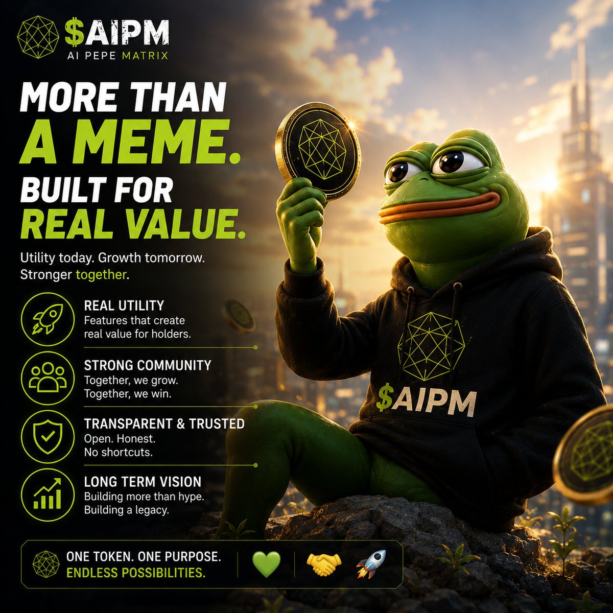AIPMOfficial's tweet photo. 🐸 A meme can grab attention.

But utility gives people a reason to stay.

$AIPM is built around an ecosystem where holders can unlock real features, benefits, and opportunities—not just watch a chart.

Build. Use. Grow. 🚀

#Solana #MemeCoin #Crypto #Web3 https://t.co/X0jXKDSHD7