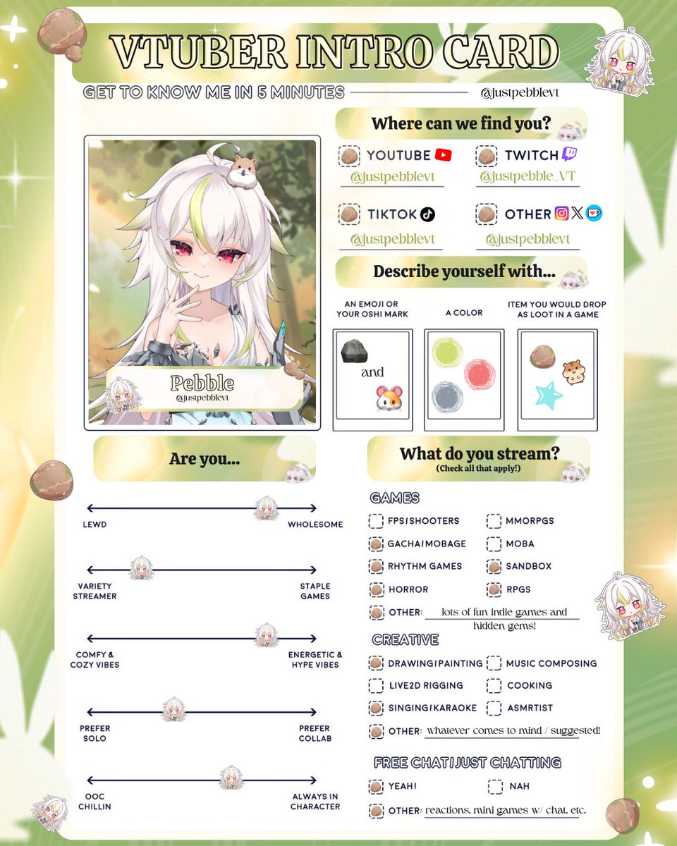justpebbleVT's tweet photo. My VTuber Intro Card ˚˖𓍢ִ໋🪨🌱˚

hi! i’m pebble ♡ a new rock elf &amp; forest guardian vtuber!

get to know me more with my intro card! 🐹💌 https://t.co/KBTJwnz88C