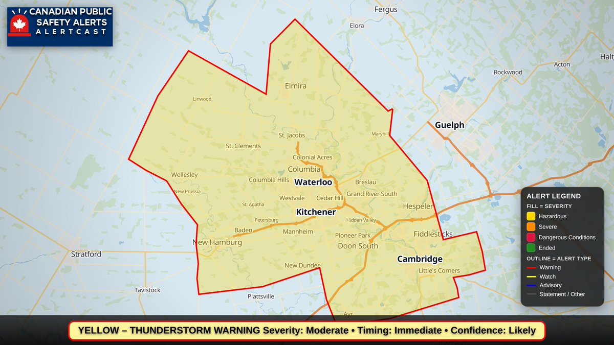 CANPublicAlerts's tweet photo. ⛈️ Yellow Severe Thunderstorm
Strong winds, quarter-size hail &amp; heavy rain this aft. Waterloo Region.
Damaging hail, wind or rain possible.
Stay indoors &amp; away from windows. | CPSA AlertCast https://t.co/6WYIuvEVUL