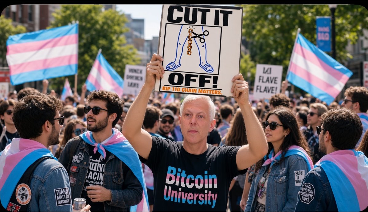 mikegermano's tweet photo. Inspiring to see Professor Krater out at a local protest today, bravely standing up for Trans Chain Rights and BIP110.
✂️ #CutItOff https://t.co/zvq10KkHvG
