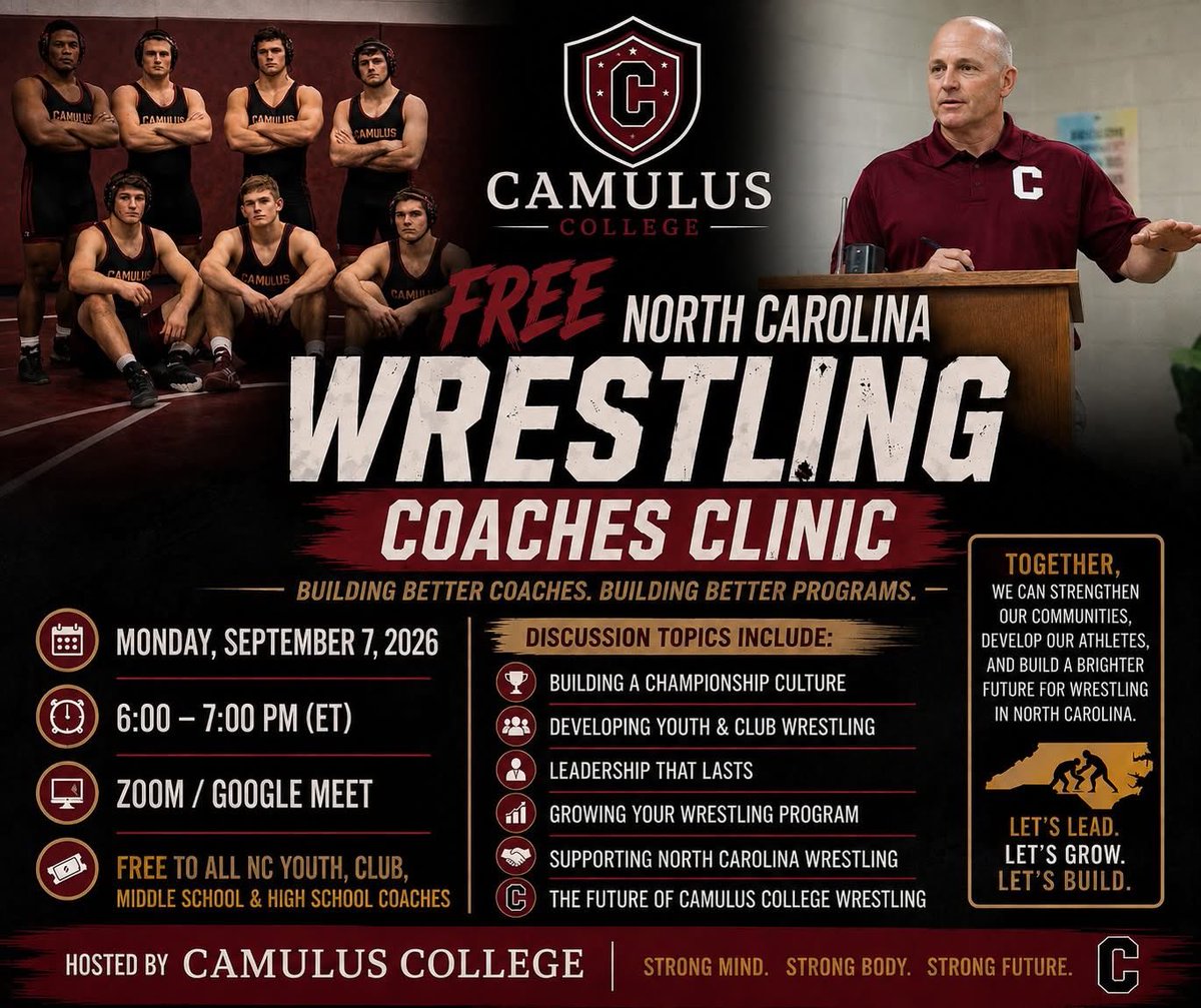 CamulusPrepGrad's tweet photo. FREE North Carolina Wrestling Coaches Clinic Monday, Sept 7. 
6:00–7:00 PM (Zoom) Designed for club, MS &amp; high school. 

Monday, Sep 7, 26
6:00–7:00 PM (ET)
Zoom/Register here: https://t.co/yhGA0oLVs7 We’ll send you a Link.

**Visit us at: https://t.co/wX7KBjK6AH https://t.co/p8ZZ6zxLCp