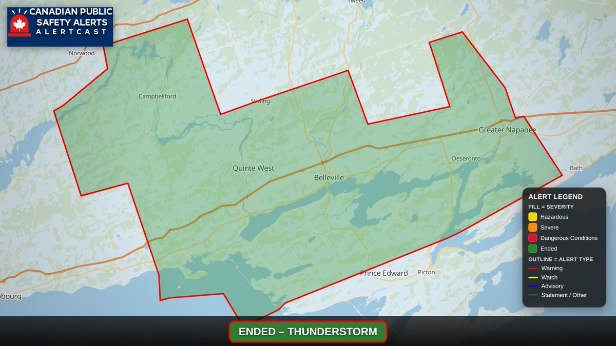 CANPublicAlerts's tweet photo. ⚡ Yellow Severe Thunderstorm
Ended.
Belleville/Quinte West &amp; Napanee area.
Thunderstorms have weakened or moved out.
| CPSA AlertCast https://t.co/suqWAN2OLZ