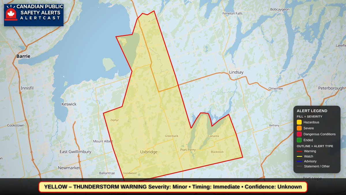 CANPublicAlerts's tweet photo. ⛈️ Yellow Severe Thunderstorm
Thunderstorms w/ strong wind gusts this eve. Uxbridge, Beaverton &amp; N Durham.
Damaging winds &amp; brief heavy rain possible.
Seek shelter; lightning &amp; sudden gusts may cause damage. | CPSA AlertCast https://t.co/bdErLbcTZy