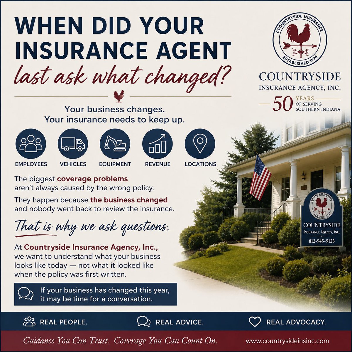 CountrysideInsA's tweet photo. Businesses change. Insurance needs to keep up.

New employees. New vehicles. New equipment. More revenue. New locations.

If your business has changed, your coverage may need a review too.

#BusinessInsurance #SmallBusiness #SouthernIndiana https://t.co/JJITcjEc95