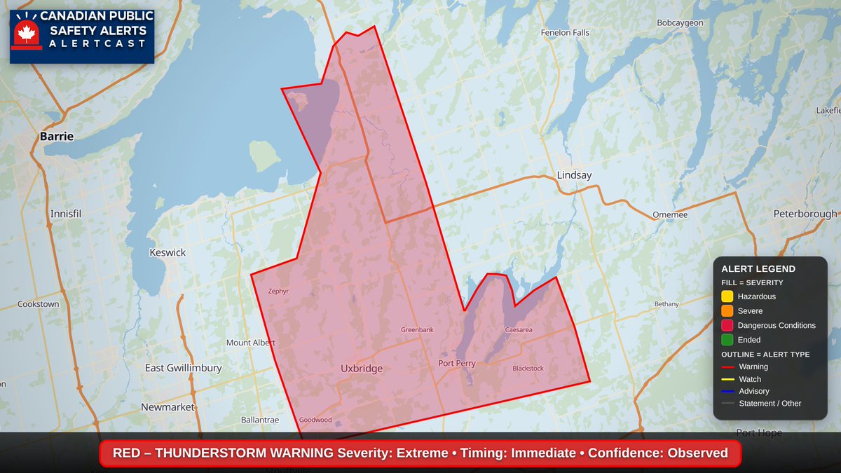 CANPublicAlerts's tweet photo. ⛈️ Severe Thunderstorm
Damaging wind, baseball-size hail &amp; heavy rain this aftn. Golden Horseshoe, Durham Region.
Damaging winds can cause tree &amp; power line damage.
Stay indoors; large hail may injure people &amp; damage property. | CPSA AlertCast https://t.co/gMOSggSms3