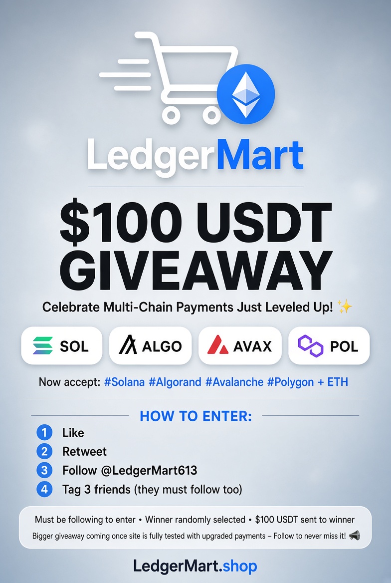 LedgerMart613's tweet photo. 📣 $100 USDT GIVEAWAY to celebrate LedgerMart!
We’re giving away $100 USDT to one lucky 🥇 
How to enter:
✅ Like this post
✅ Retweet
✅ Follow @LedgerMart613
✅ Tag 3 friends (they must also follow @LedgerMart613)
Must be following to enter. Winner will be randomly selected and the $100 USDT sent directly.
Once the site is fully tested with our upgraded payment system a bigger giveaway will be announced – you must follow to see the announcement! 📣
#Crypto #Giveaway #USDT #sol #poly #algo #CryptoGiveaway #Web3 #Blockchain #FreeCrypto #CryptoTwitter #USDTGiveaway #CryptoCommunity