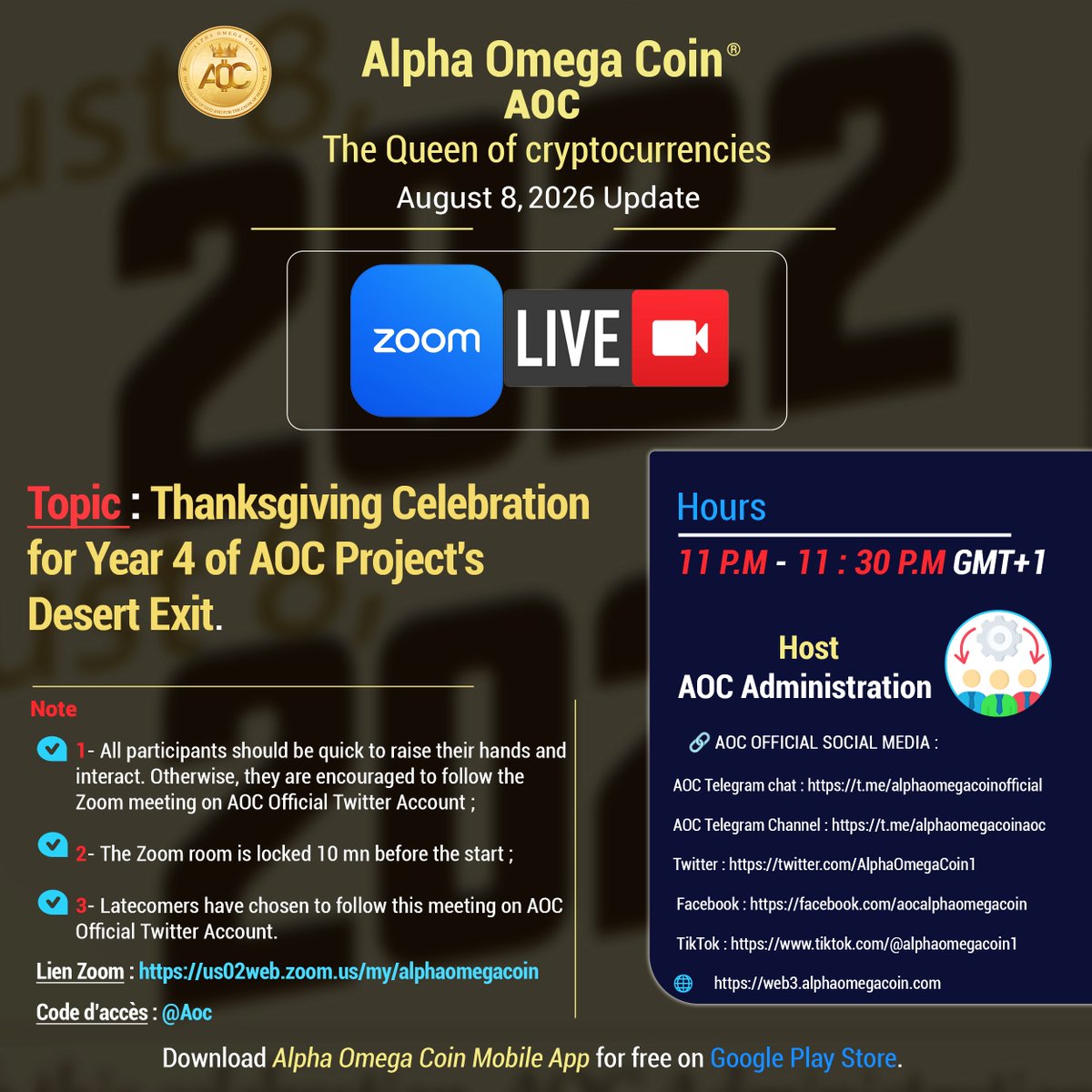AlphaOmegaCoin1's tweet photo. 🔗 *ZOOM LINK* :  https://t.co/xJW9y8FRMw

*CODE* : @Aoc https://t.co/6V1FCTnbwP