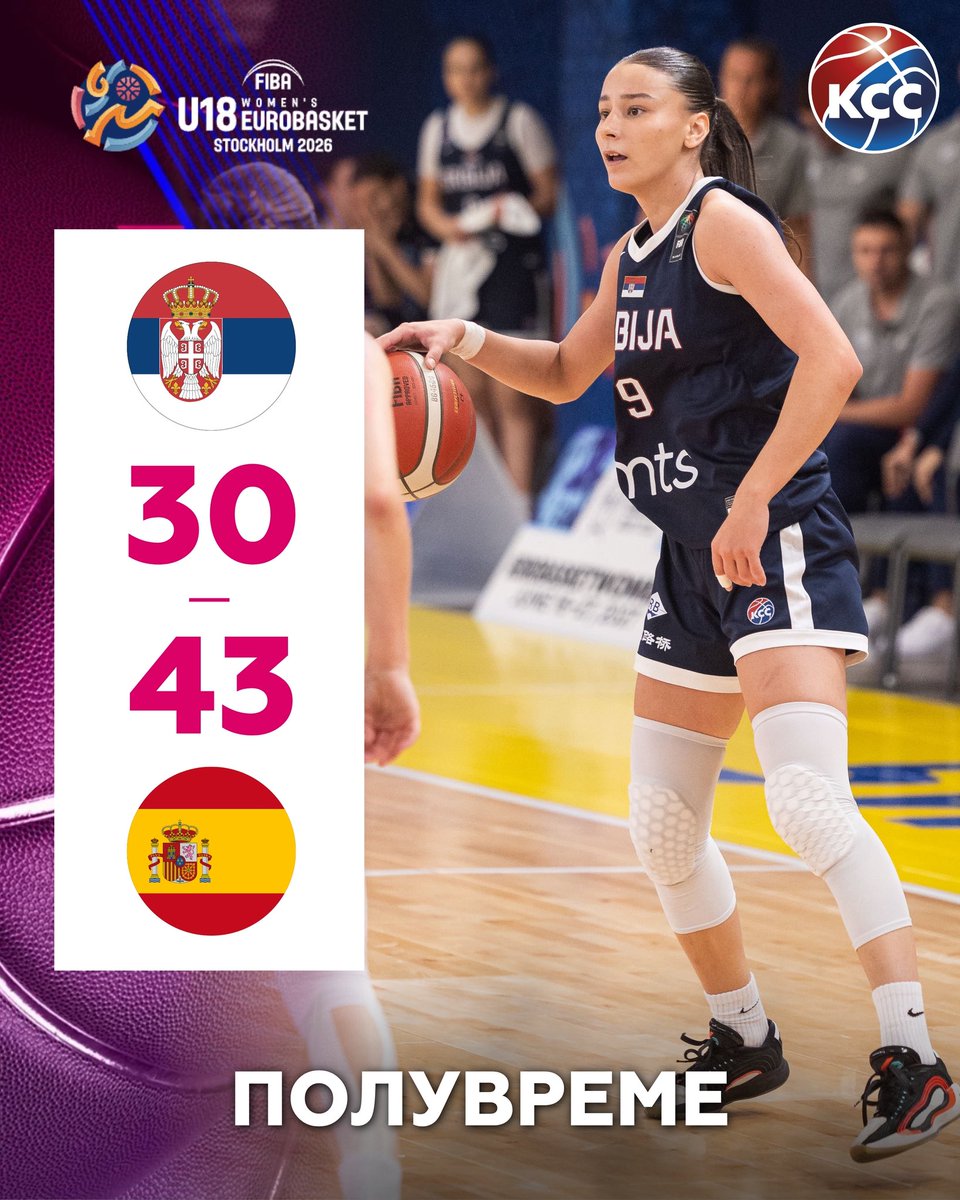 KSSrbije's tweet photo. Прво полувреме је иза нас. 🇷🇸🏀

Остаје још 20 минута борбе против Шпаније. Верујемо увек у наше девојке и настављамо да их најјаче бодримо до последњег звука сирене!

За кога? ЗА СРБИЈУ! 🇷🇸 https://t.co/pQnnB8It7M