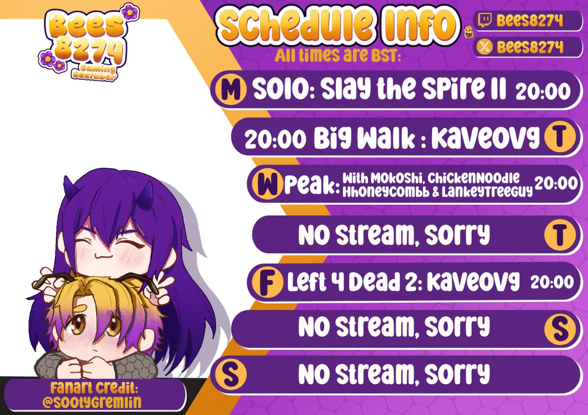 bees8274's tweet photo. This Upcoming week we'll be a busy Bee! 🐝
We've got a lot of games to stream and I'm excited to play so bee sure to join us.
I'll keep you up to date weekly and we'll see who else we can get to join💛

Ps. Thank you @Sooty_Gremlin  for the schedule and all the amazing Art!! 💛🖤 https://t.co/OD934UqX4u