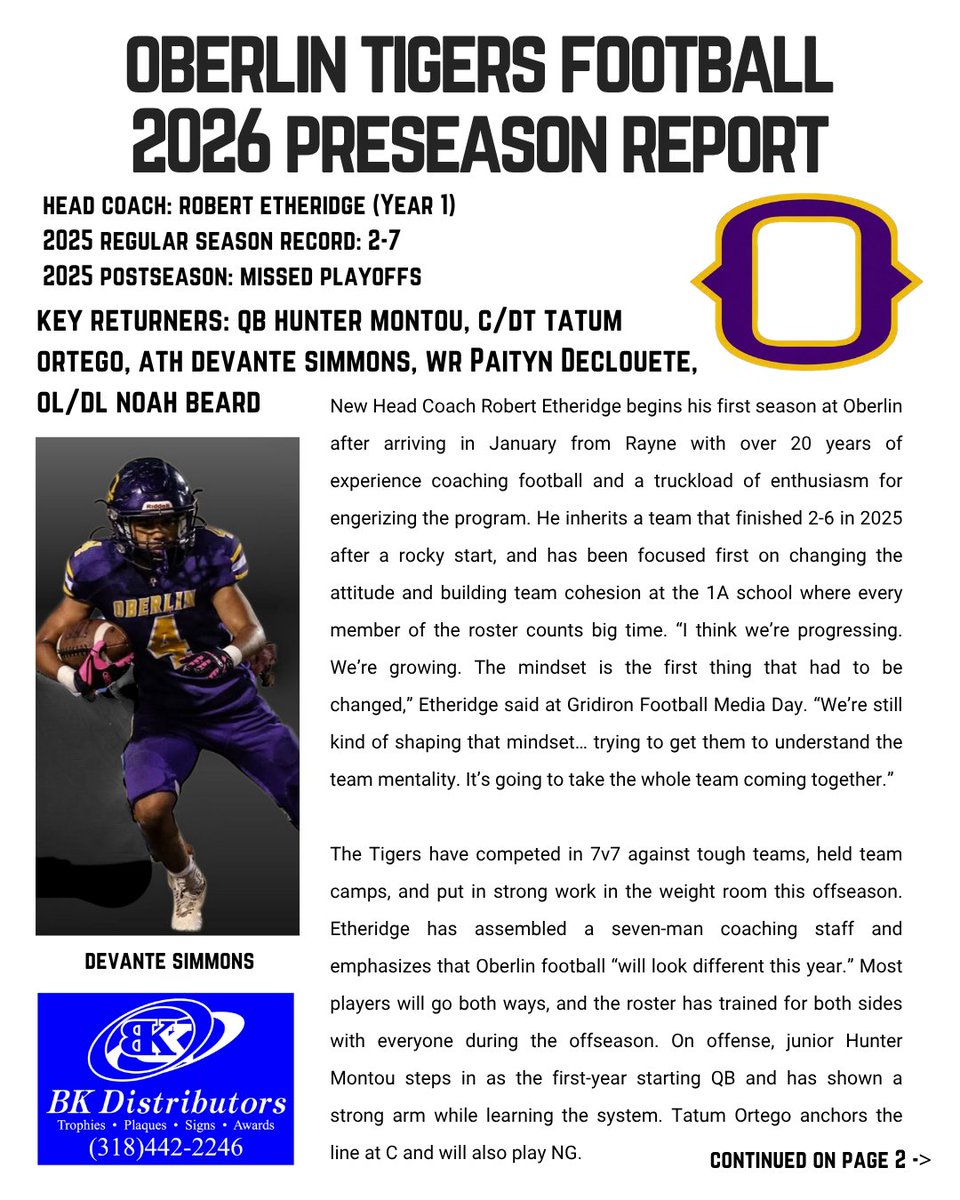 RedRiverRoundup's tweet photo. Oberlin Football has been up &amp; down lately, but a new coach &amp; renewed energy are present for 2026. Tigers Football Preseason Report is below! @446Sports @docrob4381 @LSL_Sportsline @NorthshorePrepR @JasonDuhe @Talkin_BallLA @JaceLejeune @3DeepLAMedia @ShannonBelt3 @harrisonvapnek https://t.co/jeXtCyJ825