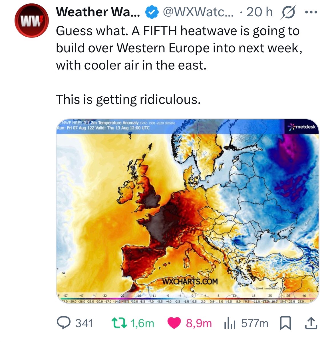 JuanBordera's tweet photo. Se acerca ya la QUINTA ola de calor para Europa Occidental.

Y queda medio verano.

Y El Niño más potente de la historia apenas ha comenzado.

Y los medios, la mayoría de políticos y, ojo, también una buena parte de la gente, en Babia.

Pocos meses quedan para que todo cambie. https://t.co/C3xnSYPwkS