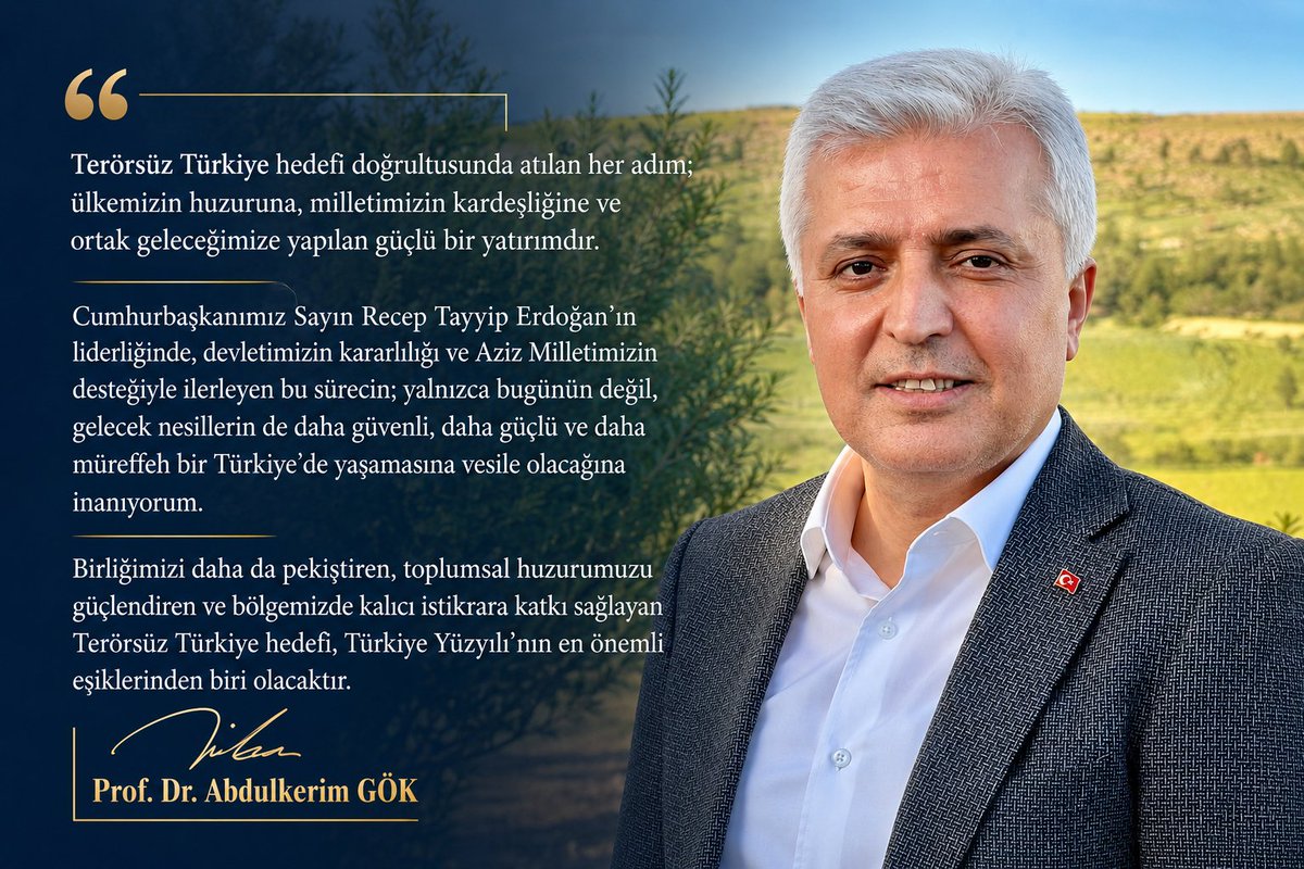 ibrahimyabas's tweet photo. Prof. Dr. @Abdulkerim_Gok ’ün “Terörsüz Türkiye” mesajını önemsiyor ve destekliyorum. 
Ülkemizin huzuru, milletimizin kardeşliği ve geleceğimiz için atılan her adımın kıymetli olduğuna inanıyorum.
Birlik ve kardeşlik içinde, daha güçlü bir Türkiye için🇹🇷
@hasandogan 
@RTErdogan https://t.co/5zgop5eDag