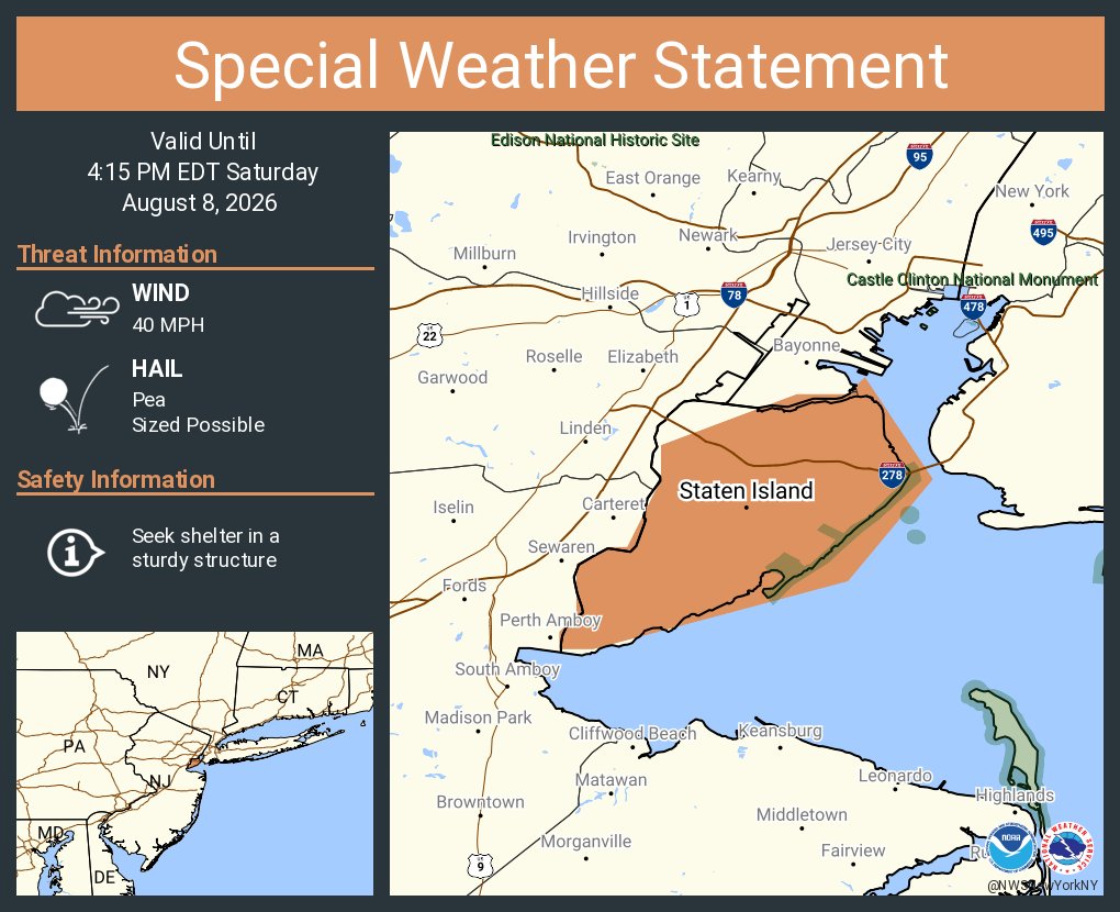 NWSNewYorkNY's tweet photo. A special weather statement has been issued for Staten Island NY until 4:15 PM EDT https://t.co/g8PXwarJxW