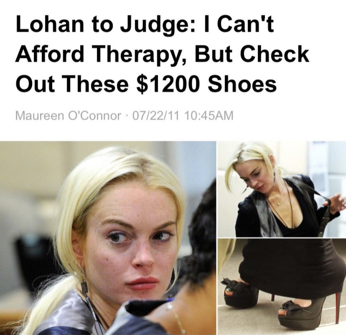 lohanisgod's tweet photo. lindsay lohan tells the judge she can’t afford court ordering counseling, while wearing $1,200 christian louboutins and is seen with fresh lip injections. (2011) https://t.co/Sadgz0yi1h