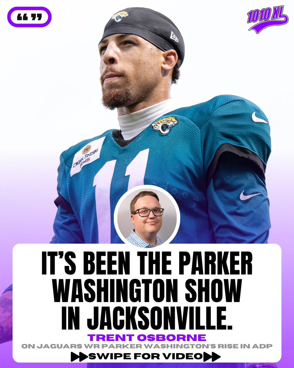 1010XL's tweet photo. Is Parker Washington THE Jaguars WR to draft in Fantasy Football this year? 

@Trent1010XL breaks down Parker, Bhayshul Tuten, and four other fantasy draft risers you NEED to know about on The XL Fantasy Show!

🎥FULL VIDEO: https://t.co/3hthHpsuto

#Jaguars | #DUUUVAL https://t.co/YFHumvWiHh