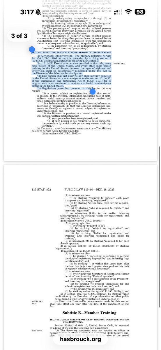 RenzTom's tweet photo. So the navy brought back flu shot mandates just prior to the administration approving the new Moderna mRNA flu “vaccine.”

Here’s the thing - all this US happening in the heels of the passage of Sec. 535 or the "Selective Service System: automatic registration" in the 2026 NDAA (see below).

This means you or your kids are automatically registered for the draft and if the draft is implemented you will likely be forced to take a vaccine and that may well be one of these horrific mRNA “vaccines.” 

Why does Washington hate MAHA and why would they do this to our soldiers?