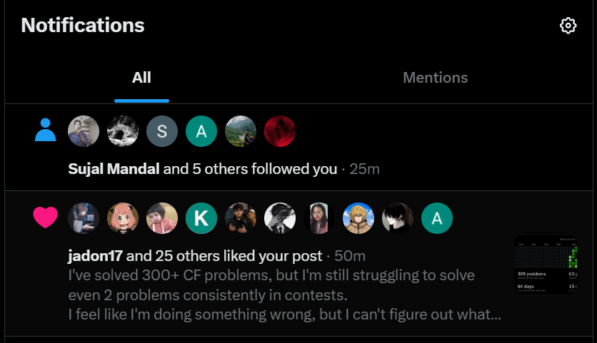 Sahil_Unique23's tweet photo. Saturday went well! 🔥
Best progress I've had so far.

Hope this momentum continues. 🚀

#Codeforces #CompetitiveProgramming #DSA https://t.co/fQSoROmi0F