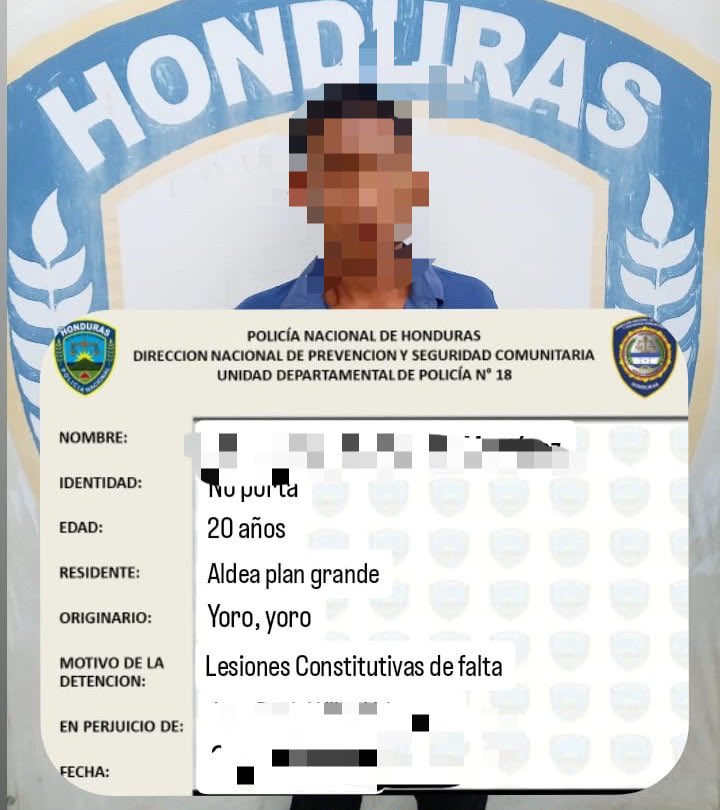 YoroUDEP18's tweet photo. 🚔 UDEP-18 detiene a ciudadano por lesiones constitutivas de falta

Funcionarios de la Policía Nacional, mediante la UDEP-18 Yoro, atendieron una denuncia recibida a través del Sistema Nacional de Emergencias 911 y detuvieron a un ciudadano de 20 años.
 #Yoro #PolicíaNacional https://t.co/BfSbnp2Rp7