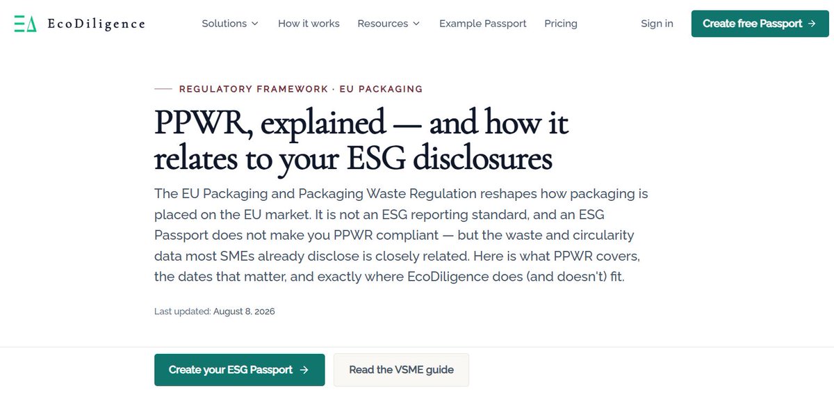 ecodiligence's tweet photo. PPWR general application: 12 Aug 2026.

Article 16 matters in practice: packaging suppliers must provide the info and docs manufacturers need to demonstrate conformity.
That is a supplier-data problem — not only a legal one.
PPWR ≠ ESG reporting standard.
https://t.co/eoxNRZQkpY https://t.co/M92fAnAPnV