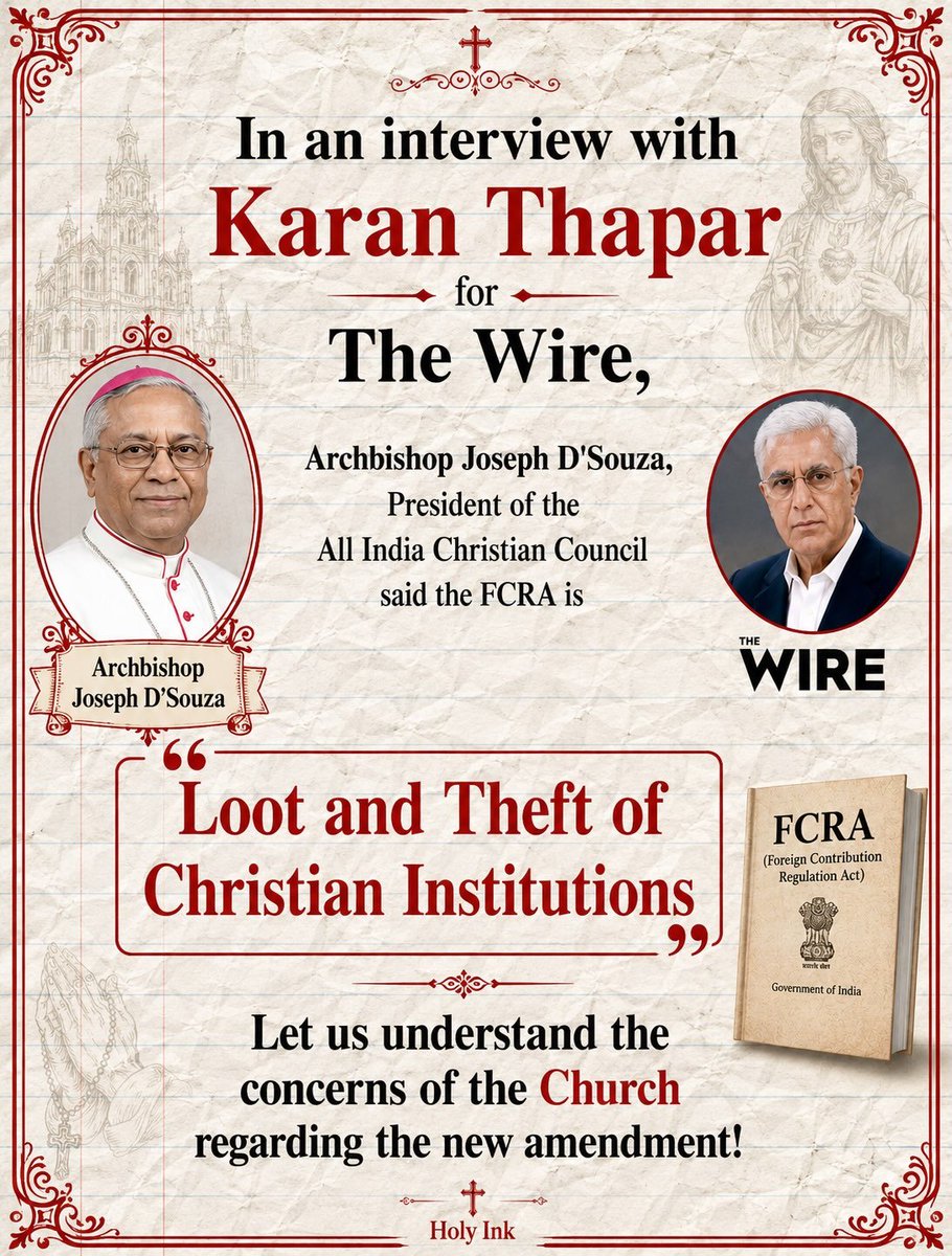 Victoryvox's tweet photo. Calling out the #FCRA amendments for what they are - an open dacoity of Christian assets!

As Archbishop Joseph D'Souza rightly highlights, targeting centuries-old #Christian institutions isn't administrative oversight; it's systemic THEFT of vital public infrastructure.
#India https://t.co/VsdU9dSENL