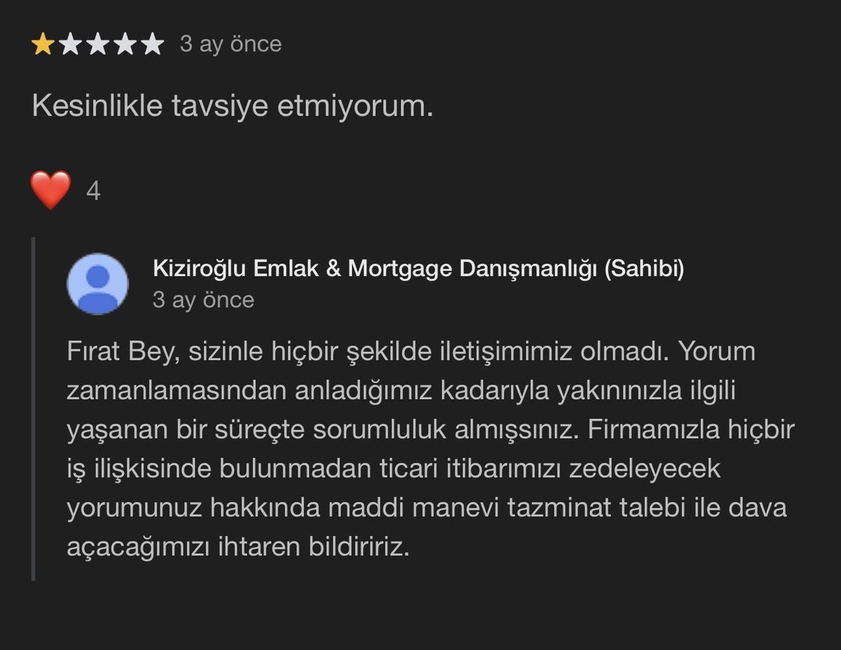 tuketicideney's tweet photo. DİKKAT! BU EMLAKÇIYA KÖTÜ PUAN VERMEK YASAK!

Kiziroğlu Emlak’ın olumsuz Google yorumuna verdiği yanıtta gerçek isim, kiralama görüşmeleri ve dükkan adresi paylaşıldı; müşteriye “2 saat içinde silmezseniz dava açarız” denildi.

♦️Takipçi şikâyeti:

“Bir işletmeden aldığınız hizmet veya iletişim kalitesinden memnun kalmadığınızda, bunu Google Yorumlar gibi kamuya açık bir platformda nezaket kuralları içerisinde eleştirmenin tüketici olarak hakkımız olduğunu düşünüyorum.

Kiziroğlu Emlak’a olumsuz puan ve yorum verdikten sonra, anonim olarak kullandığım rumuz gerçek ismimle eşleştirildi.

Bununla birlikte özel kiralama görüşmelerimiz ve kiralamak istediğimiz dükkânın açık adresi kamuya açık şekilde paylaşıldı.

Ayrıca tarafıma, ‘2 saat içinde silmezseniz dava açarız’ denilerek yorumumu kaldırmam istendi.

Kişisel bilgilerimin, özel görüşme detaylarımın ve açık adresin kamuya açık bir alanda paylaşılmasını kabul etmiyorum.

Bu nedenle konuyla ilgili KVKK kapsamında resmi şikâyet sürecini başlattım.

Ekte sunduğum diğer müşteri yorumlarına verilen yanıtlarda da benzer şekilde kişisel bilgiler ve görüşme detaylarının paylaşıldığını gördüm.

Kiziroğlu Emlak’tan kişisel bilgilerimin kamuya açık alanlardan kaldırılmasını, yaşanan durumla ilgili açıklama yapılmasını ve müşteri yorumlarına verilen yanıtlarda kişisel verilerin paylaşılmaması konusunda gerekli önlemlerin alınmasını talep ediyorum.”