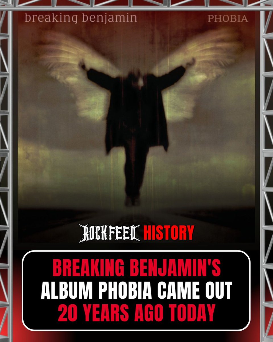 RockFeedNet's tweet photo. Breaking Benjamin released Phobia 20 years ago today. The band's third album debuted at No. 2 on the Billboard 200 with 131,000 copies sold in its first week and gave them "The Diary of Jane" and "Breath." https://t.co/iXPcfuB7LQ