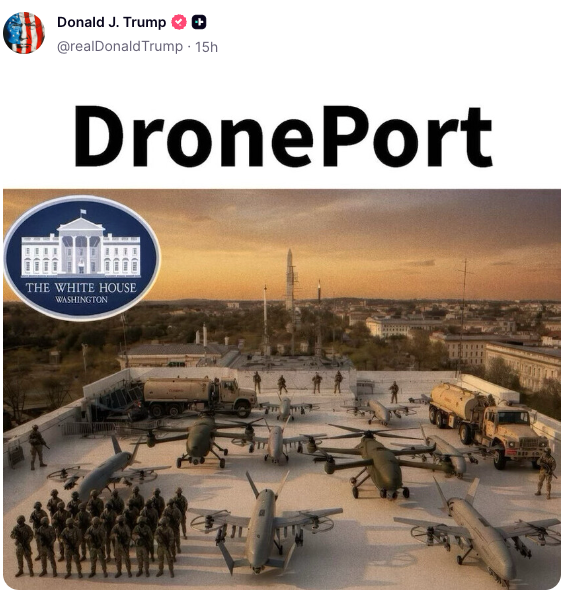 Mollyploofkins's tweet photo. Trump posts White House ballroom drone port image with trucks on the roof https://t.co/U5eqhwhYkB