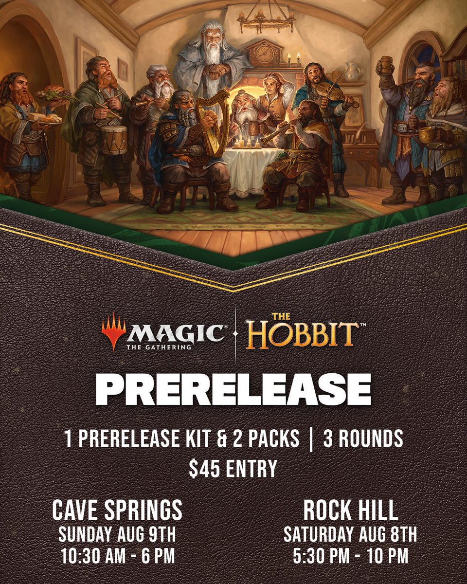 MiniMartTalk's tweet photo. Join Us This weekend for the Magic The Gathering X The Hobbit Prerelease. $45 gets you three rounds, 1 prerelease kit, and 2 additional packs!
Learn More about our in-store events: https://t.co/syJKveH9xZ
#TheHobbit #MTG #LOTR #Prerelease #STL #LGS #FLGS https://t.co/ttWTtPU4gM