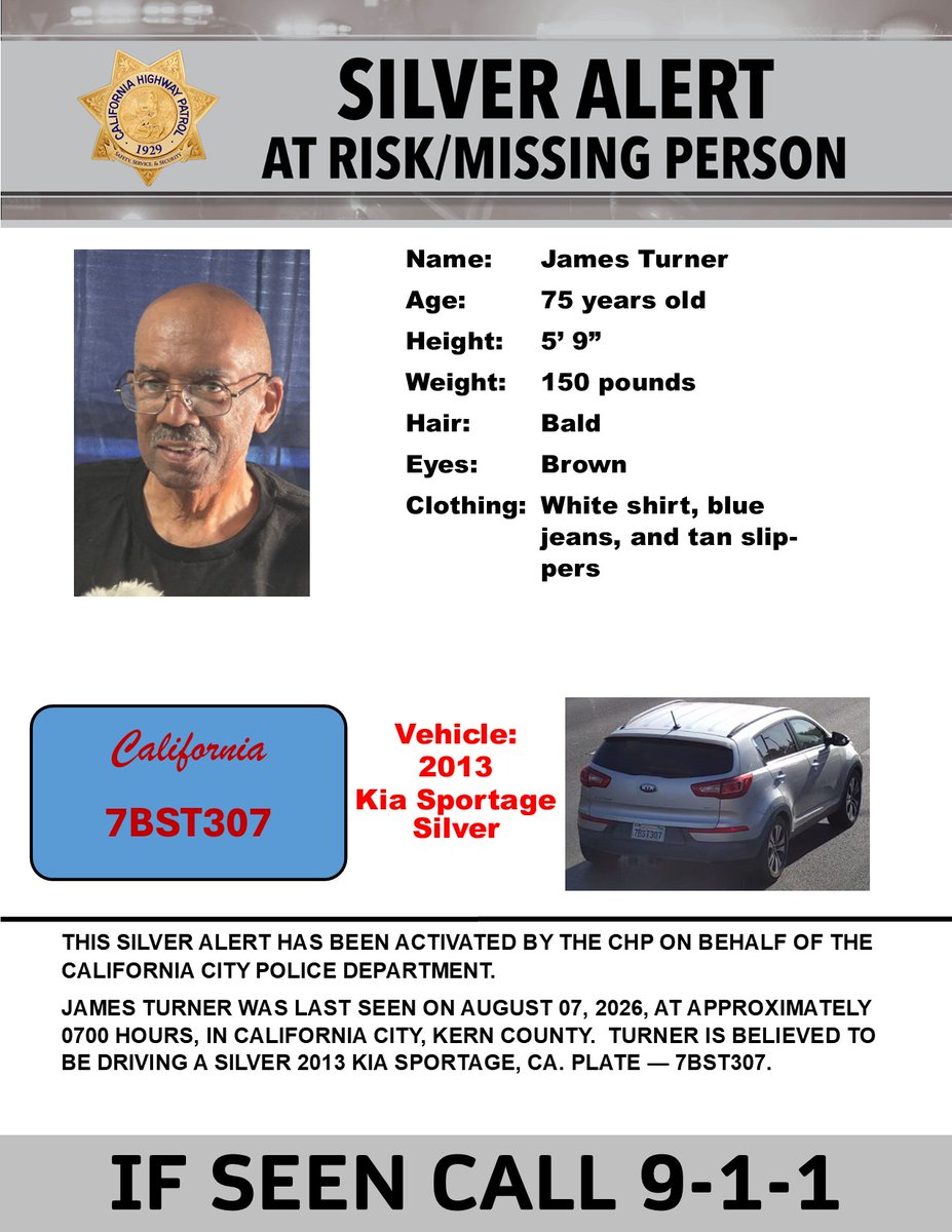 CHPAlerts's tweet photo. SILVER ALERT - Kern and Los Angeles Counties
Last seen: Saguaro St. and Jasmine Ave., California City

IF SEEN, CALL 9-1-1 https://t.co/eFOaK0kXBN