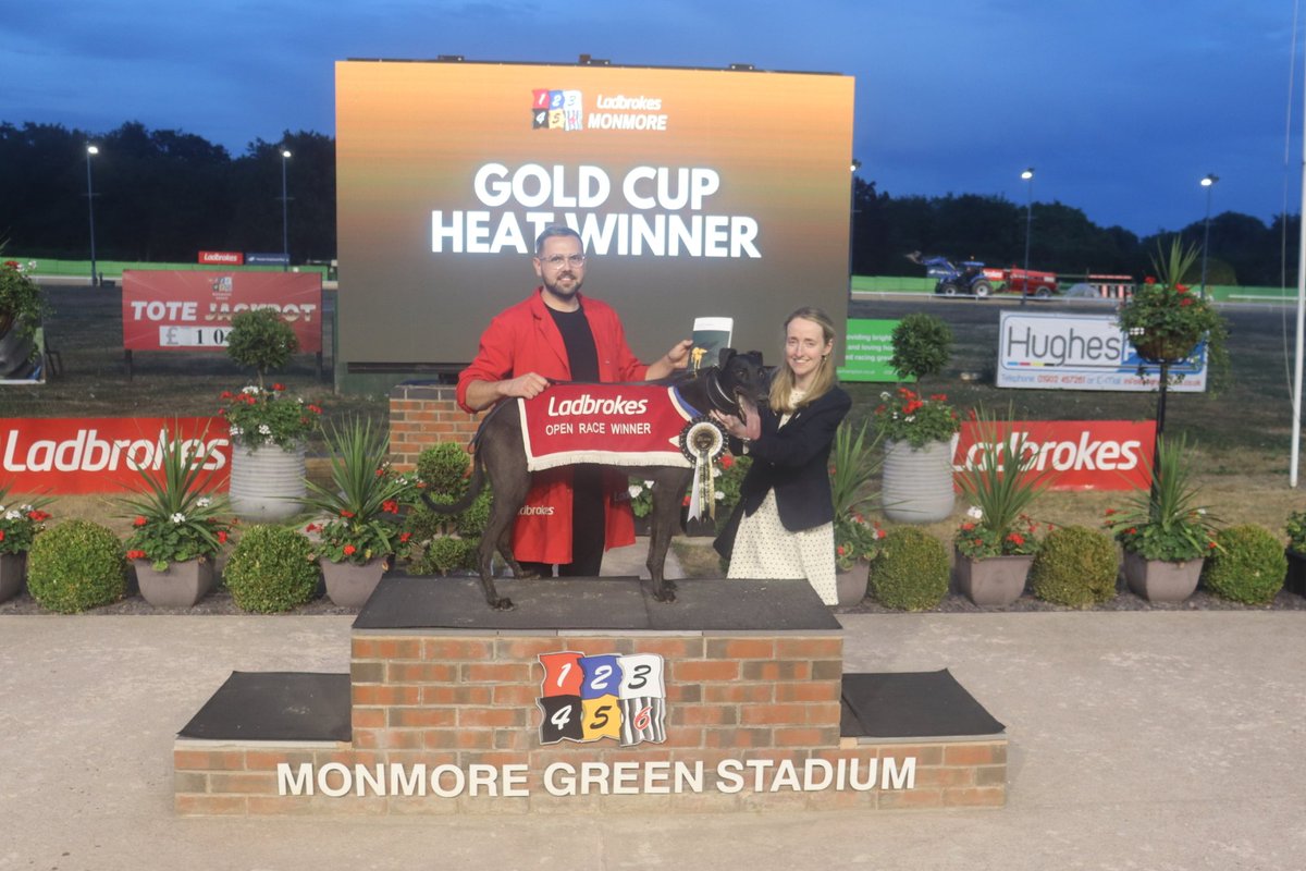 MonmoreRacing's tweet photo. Winner of Race Nine Saturday August 8th 2026 - @Ladbrokes Gold Cup 2026 Heat Five (OR1) 🏆

Trap 1⃣ - Goldcash Warrior
Trainer - @NHunt67
Owner - Mr F.G.W Ellison
Time - 28.55secs ⏱️

Well done to all connections 👏 https://t.co/slYnJQ5Jnu