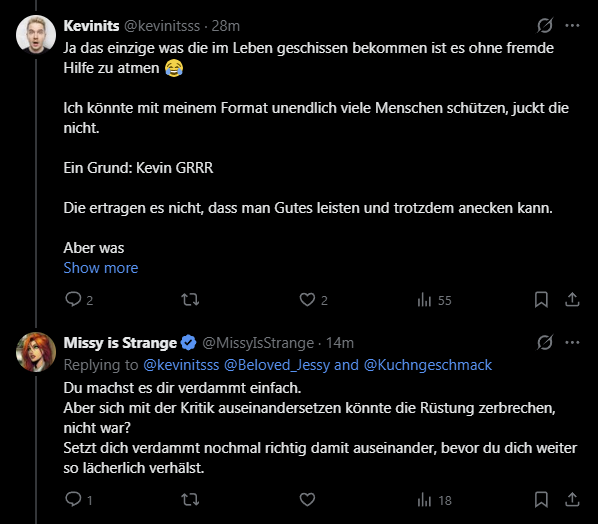 LurksOnX's tweet photo. .@MissyIsStrange, ehemalige Moderatorin von #einBastien und bekennende KevinITS-Haterin (wie viele @jayriddle77-Mods), die sich in der jüngsten Vergangenheit sehr für die Betroffenenen von #ApoRed eingesetzt hat (nicht), hat bestimmt bessere Ideen zum Schutz von Patient*innen. 🤔 https://t.co/ZNH8HX8dRF