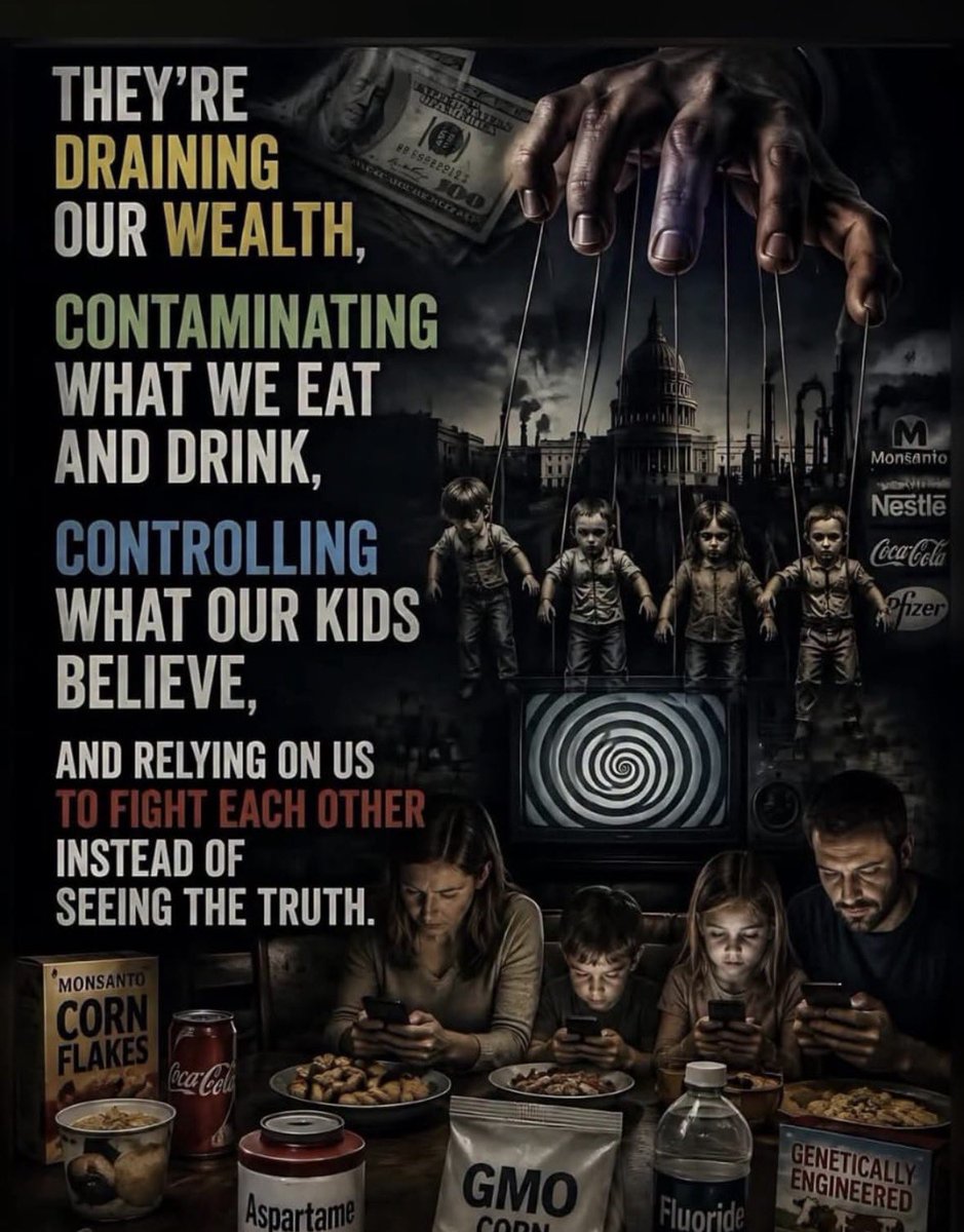 Anon7127's tweet photo. They’re draining our wealth, poisoning what we eat &amp; drink with GMOs, aspartame &amp; fluoride, programming our kids while we scroll &amp; fight each other. The puppet masters laugh as we stay distracted. 
See the strings. 
Wake up🫡🇬🇧 https://t.co/p2Ad8byr7b