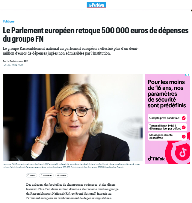 VRwatchingU's tweet photo. @FocusMedia_Fr Ah ben, comme Marine Le Pen quand elle était députée européenne (pour soi-disant "détruire l'UE de l'intérieur"...), qui a tenté de faire passer pour un demi million de factures en champagne et dîners de luxe...
"Proche du peuple" au #RN...🙃 https://t.co/Dbqobsbx6d