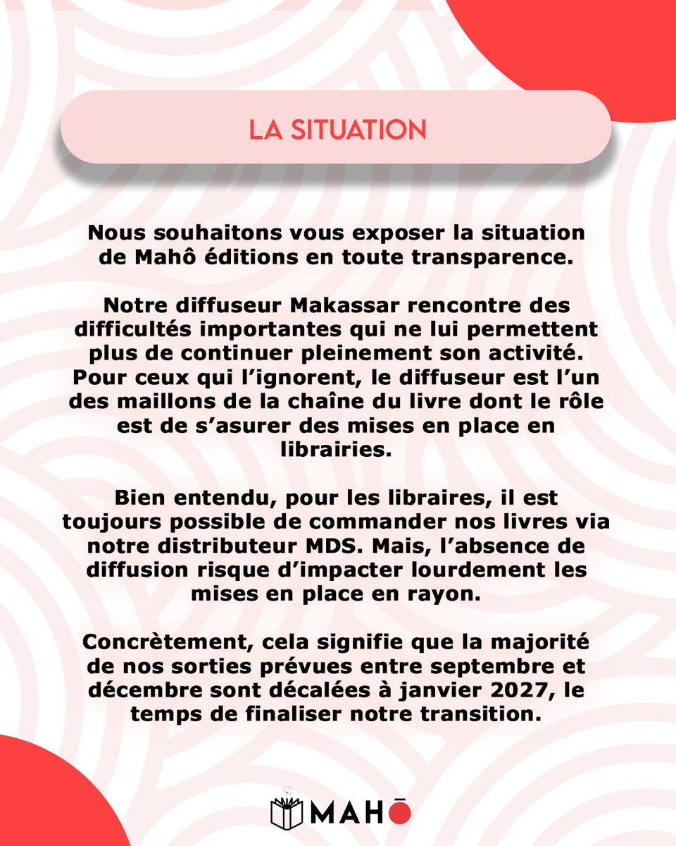MahoEditions's tweet photo. Un point important sur Mahô Éditions. On vous explique tout en transparence👇   

Notre diffuseur Makassar rencontre des difficultés importantes, ce qui impacte nos mises en place en librairie et nous oblige à décaler la majorité de nos sorties au premier trimestre 2027. 

La bonne nouvelle : dès janvier, on rejoint 𝐌𝐞́𝐝𝐢𝐚 𝐃𝐢𝐟𝐟𝐮𝐬𝐢𝐨𝐧 avec une présence en librairie bien plus forte. Mais d'ici là, chaque vente compte vraiment🙏

[1/3]