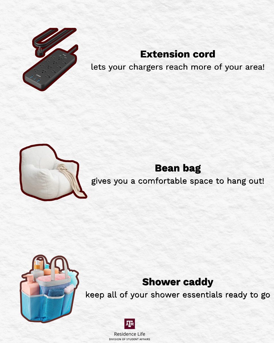 TAMUResLife's tweet photo. We have 10 days until move-in! Check out these must have items that solve common residence hall problems, from maximizing small spaces to making your room more comfortable and organized. Which one is already on your list? 👇 

#ResidenceHall #CollegeLiving #Reslife #TAMU https://t.co/vXv0PE8iJc