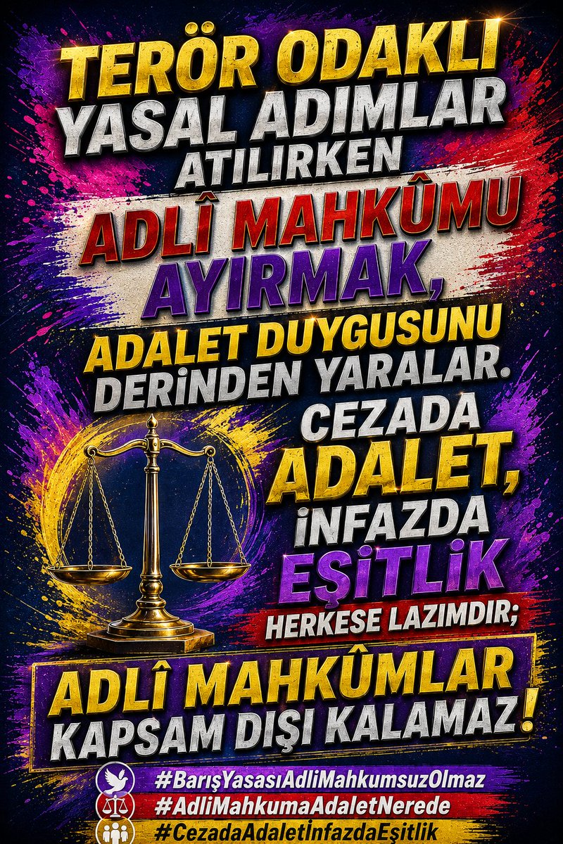 Barbaros8282's tweet photo. @avabdullahguler @RTErdogan Teröre indirim ve denetimli serbestlik konuşuluyor, adli suçluya kapı kapalı.
Bu eşitsizlik toplumun adalet inancını zedeler.
Adli mahkumlar da kapsamda olmalı
#BarışYasasıAdliMahkumsuzOlmaz
#AdliMahkumaAdaletNerede
#CezadaAdaletİnfazdaEşitlik https://t.co/6ktR58CtwG