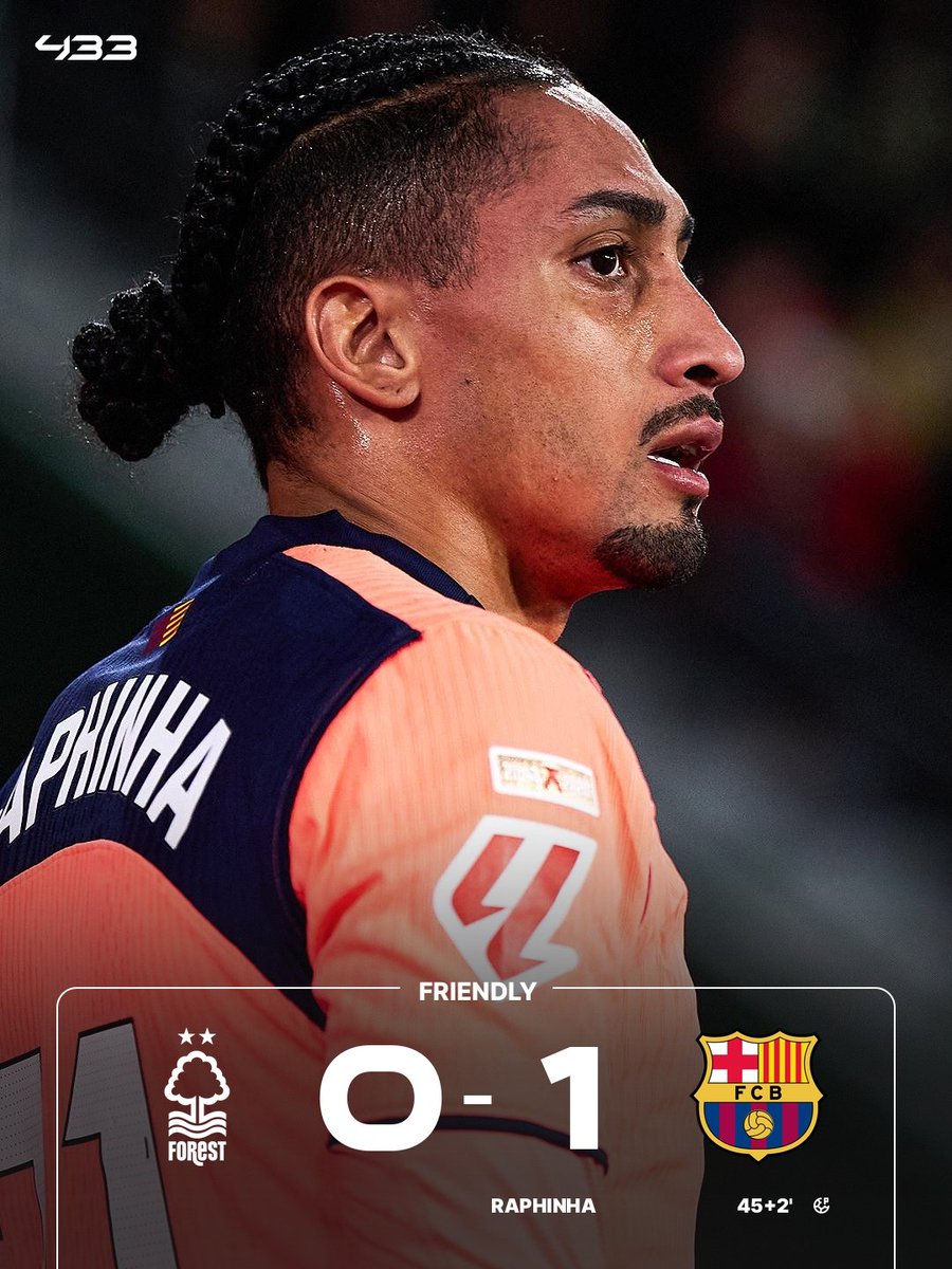 433's tweet photo. Raphinha steps up for Barcelona 💪

Barcelona win a 45-minute friendly against Nottingham Forest.

They now face Udinese in another 45-minute friendly. The winner wins the tournament! https://t.co/RWQMRYcRE8