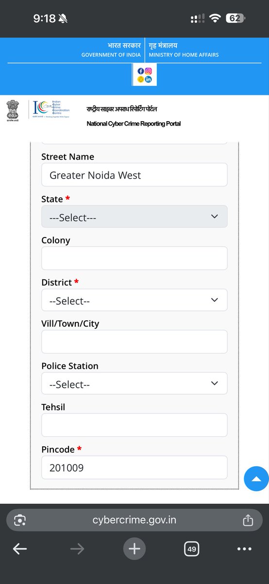 whoadisinha's tweet photo. @Cyberdost 
Just tell me why state is grade out on your website please!! 
As a citizen of India, how I am supposed to lodge a cyber complaint!! https://t.co/T2mLm7o9R5