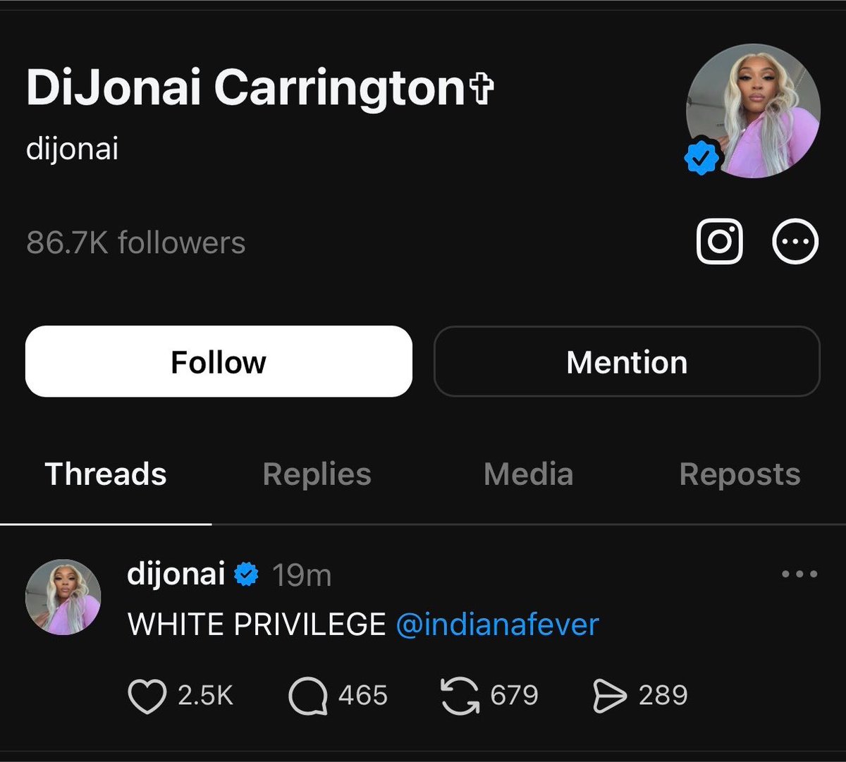 Outkick's tweet photo. DiJonai Carrington gets ejected for absolutely clocking Sophie Cunningham in the face and immediately takes to Threads claiming white privilege…

Maybe worry about hacking somebody across the head?? https://t.co/RhwfrzV4a9