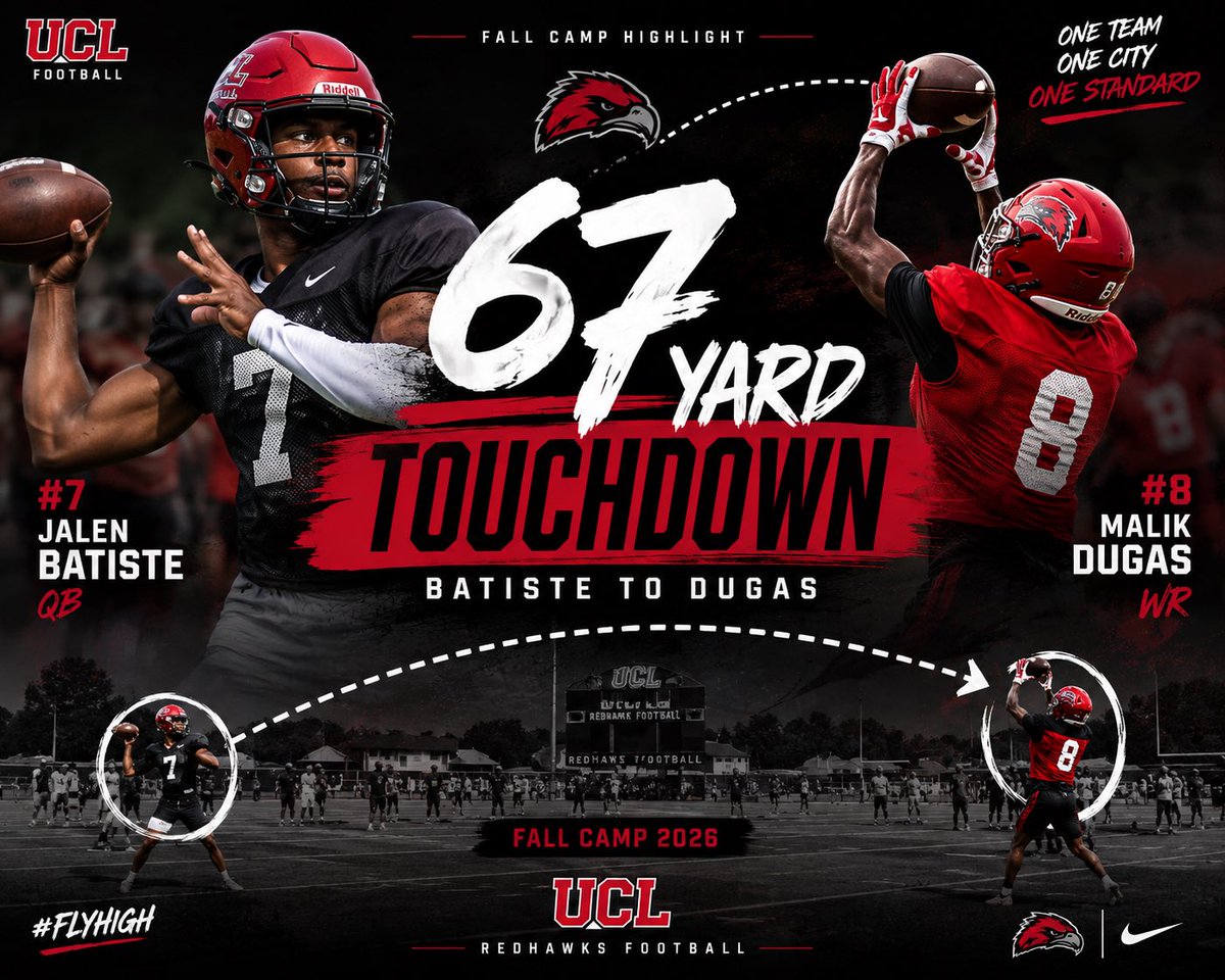 UCLRedHawksFB's tweet photo. 🚨 FALL CAMP HIGHLIGHT 🚨

Jalen Batiste ➡️ Malik Dugas

67 YARDS 🔴🦅🔥

Batiste dropped it in stride and Dugas took it to the house during today’s fall camp session.

QB1. WR1. BIG PLAY.

#UCLFootball #RedHawks #FallCamp #FlyHigh 🦅🔴 https://t.co/XYSMIeoD5j