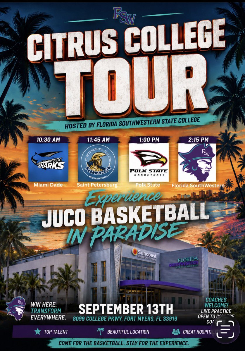 FSWBucsHoops's tweet photo. College Coaches Alert: We are very excited to host the Citrus College Tour on September 13th at our Suncoast Credit Union arena. Let’s Go Bucs!
@JUCOadvocate 
@JucoPulse 
@JucoPulse 
@GoodmanHoops 
@JonRothstein 
@Aaron_Torres 
@CoachDavidGrace https://t.co/HTdp952Cah