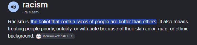 hysteric_cc's tweet photo. pisses me off when people say "durr you cant be racist to white people"

yes, you absolutely CAN be. racism is the belief that certain races of people are better then others.

i dont care if thats a hot take, if you disagree your straight up wrong. https://t.co/igncVdaUoa