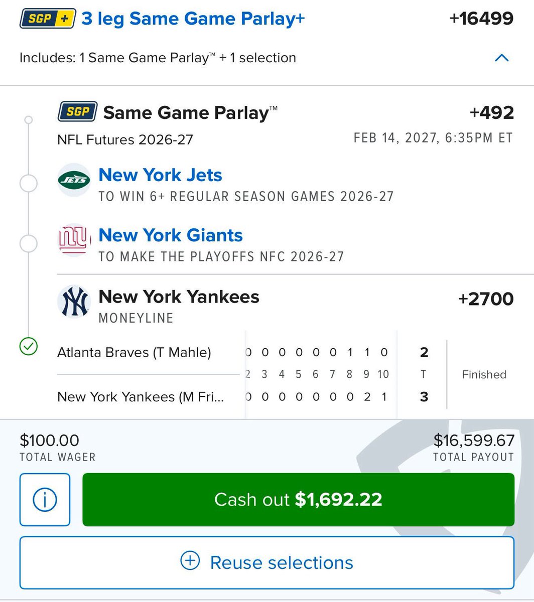 br_betting's tweet photo. HE CASHED THE YANKEES ML LIVE LAST NIGHT AT 27/1…

But he parlayed it with the Jets and the Giants 😭😭😭

(Via BrandonLichtenstein/X @FDSportsbook) https://t.co/q1r9DT0V1C