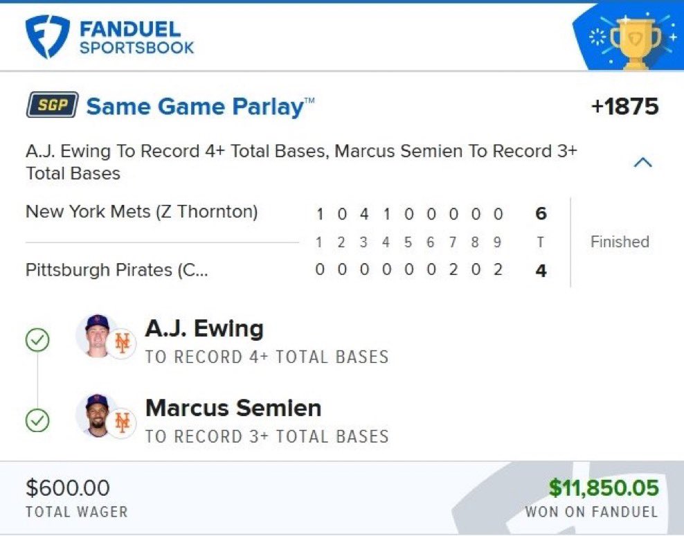 legacywin_'s tweet photo. 🔥 SAME GAME PARLAY — +1875 🔥
⚾ A.J. Ewing — 4+ Total Bases ✅
⚾ Marcus Semien — 3+ Total Bases ✅
💰 $600 WAGER → $11,850.05 WON
🏆 CASHED! FULL SWEEP! 2/2 ✅
#MLB #MLBPicks #MLBParlay #SameGameParlay #SportsBetting #BettingWins #WinningParlay #CashIt #FullSweep #BaseballPicks #Fanduel #BigWin #LetsCash 💰🔥